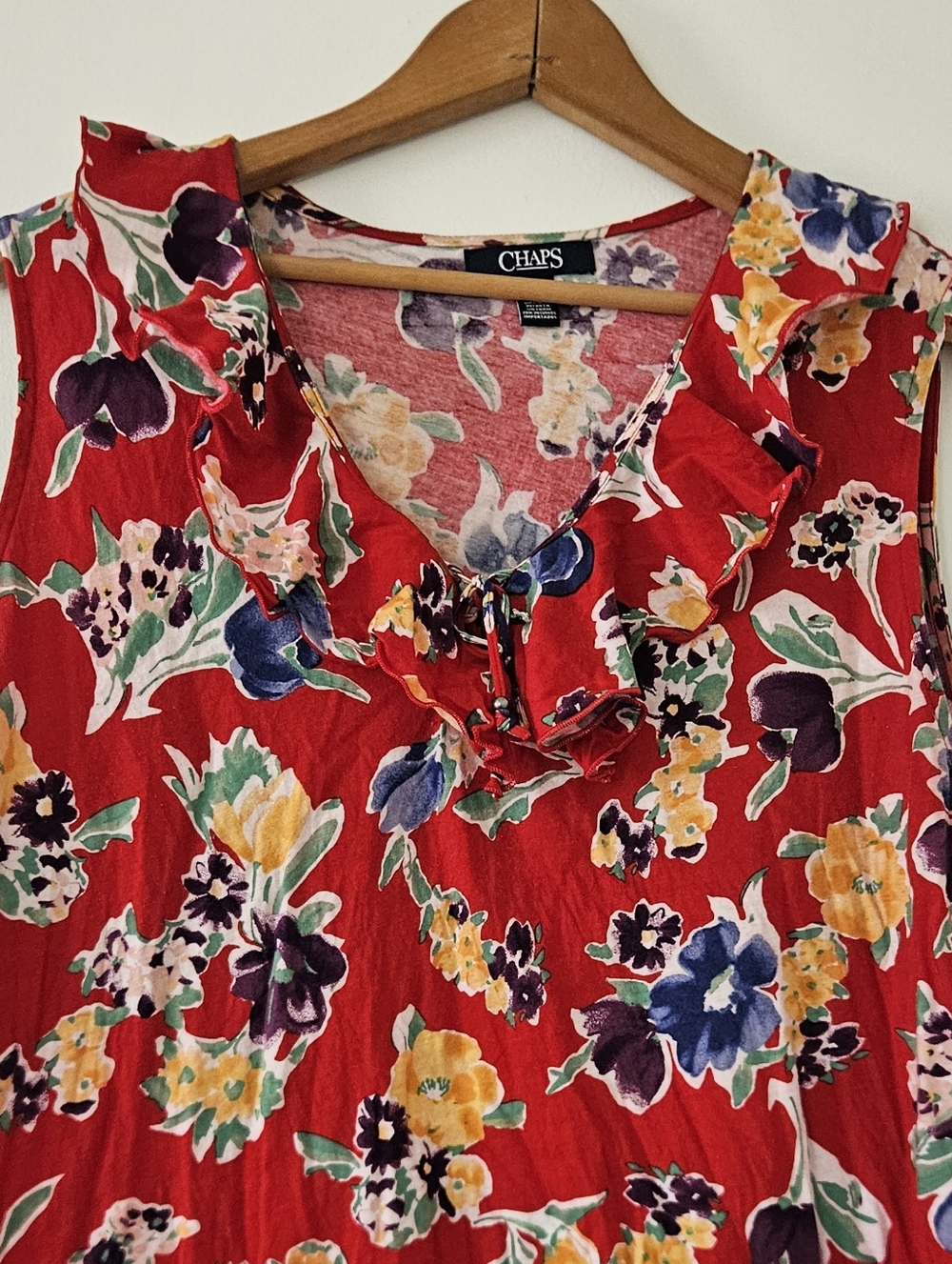 Chaps Womens Tank Top XXL Red Floral Boho Ruffle Cottage Tropical Cotton Peasant - Picture 2 of 8